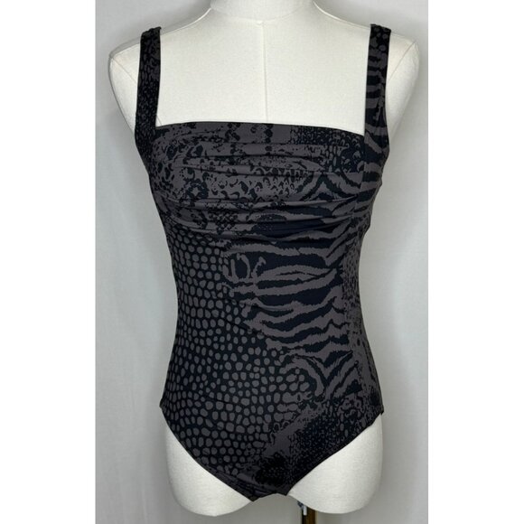 Calvin Klein Animal Print One-Piece Swimsuit Size 4 Shirred Black Gray - Picture 1 of 13